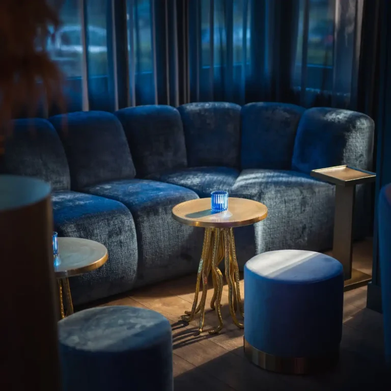 Blue seating area at Bar Blue, set up for a gathering